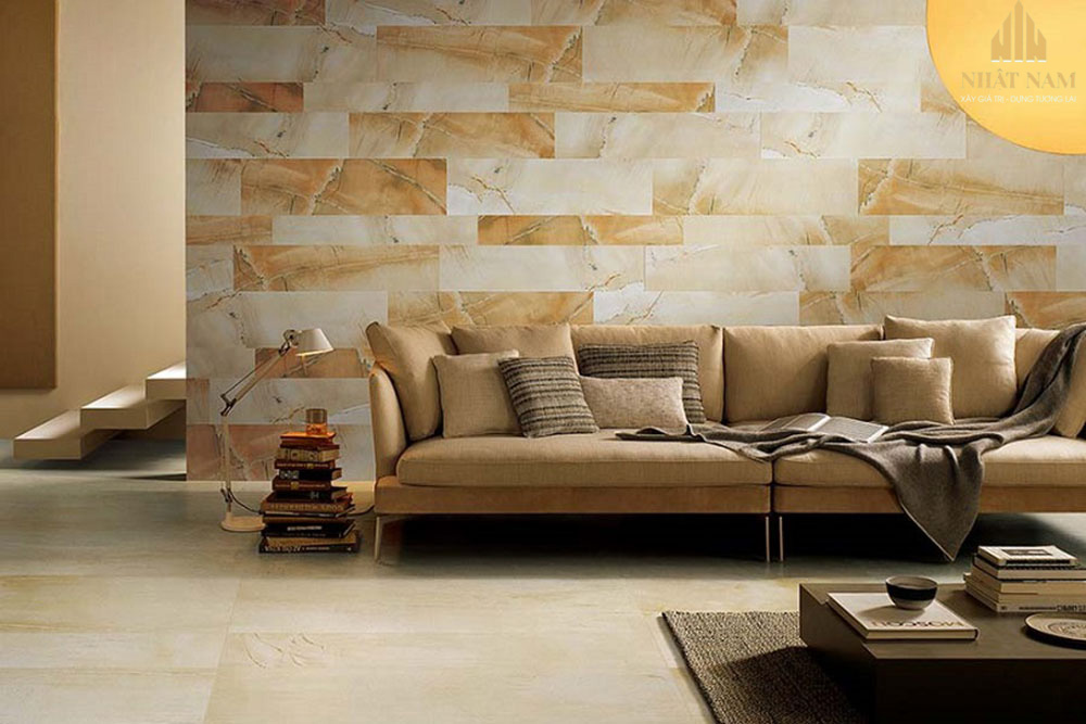 phối màu gạch ốp tường phòng khách