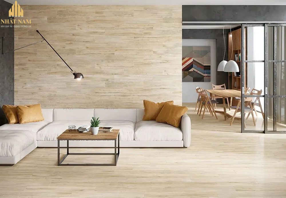 phối màu gạch ốp tường phòng khách