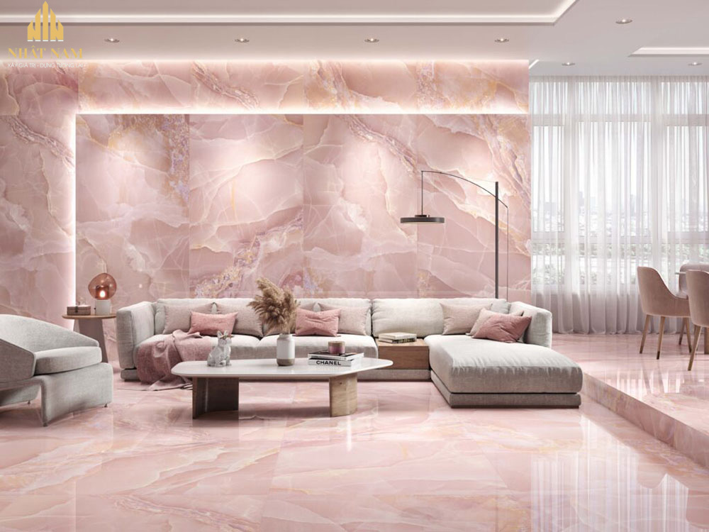 phối màu gạch ốp tường phòng khách