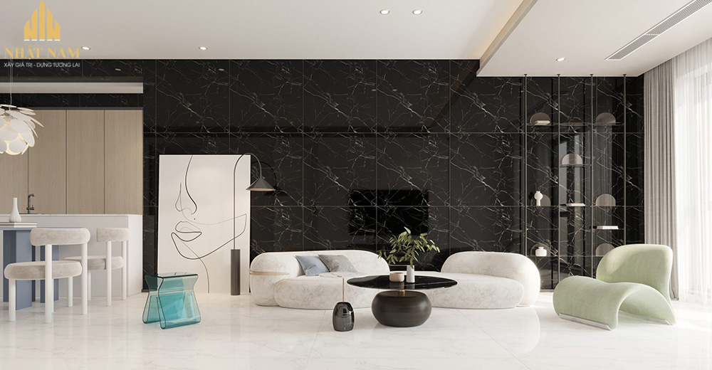 phối màu gạch ốp tường phòng khách